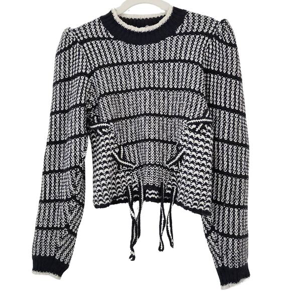 Ulla Johnson Sweater Striped Knit White Navy Blue Puff Jumper Pullover Top L - Picture 5 of 9